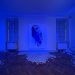 Ausstellungsansicht mit blauer Lichtinstallation, Kohlezeichnung und Plastikeiern in der Ausstellung Vögel von Marx & Mussard im Museumspavillon Salzburg