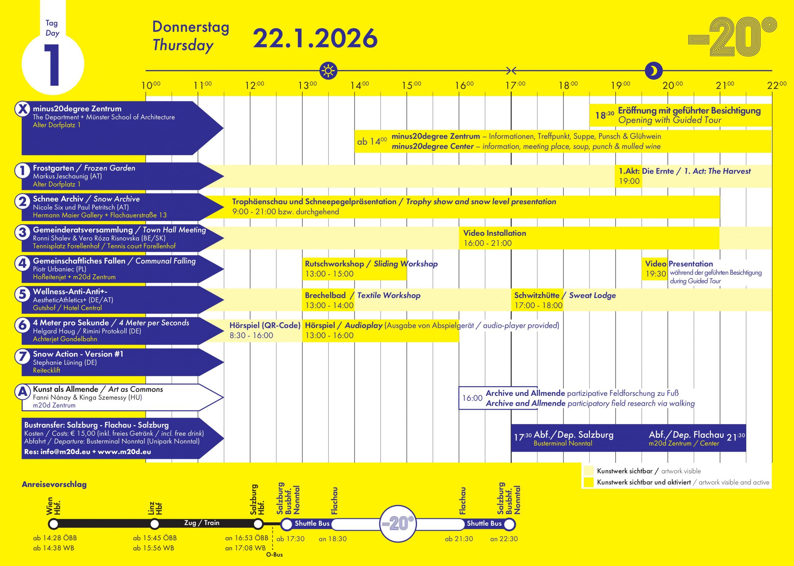 Tagesprogramm Donnerstag minus20degree Biennale Flachau mit Uhrzeiten, Orten und Shuttlezeiten