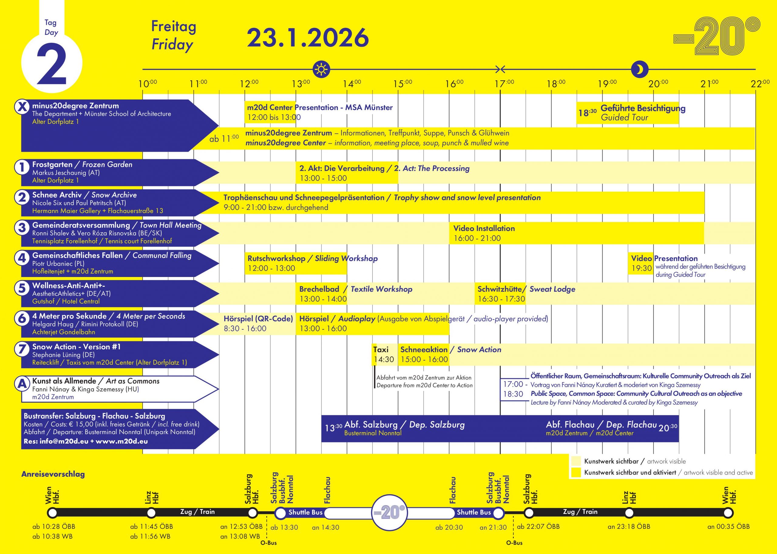 Tagesprogramm Freitag der minus20degree Biennale Flachau mit Kunstwerken, Zeiten und Shuttleinfos