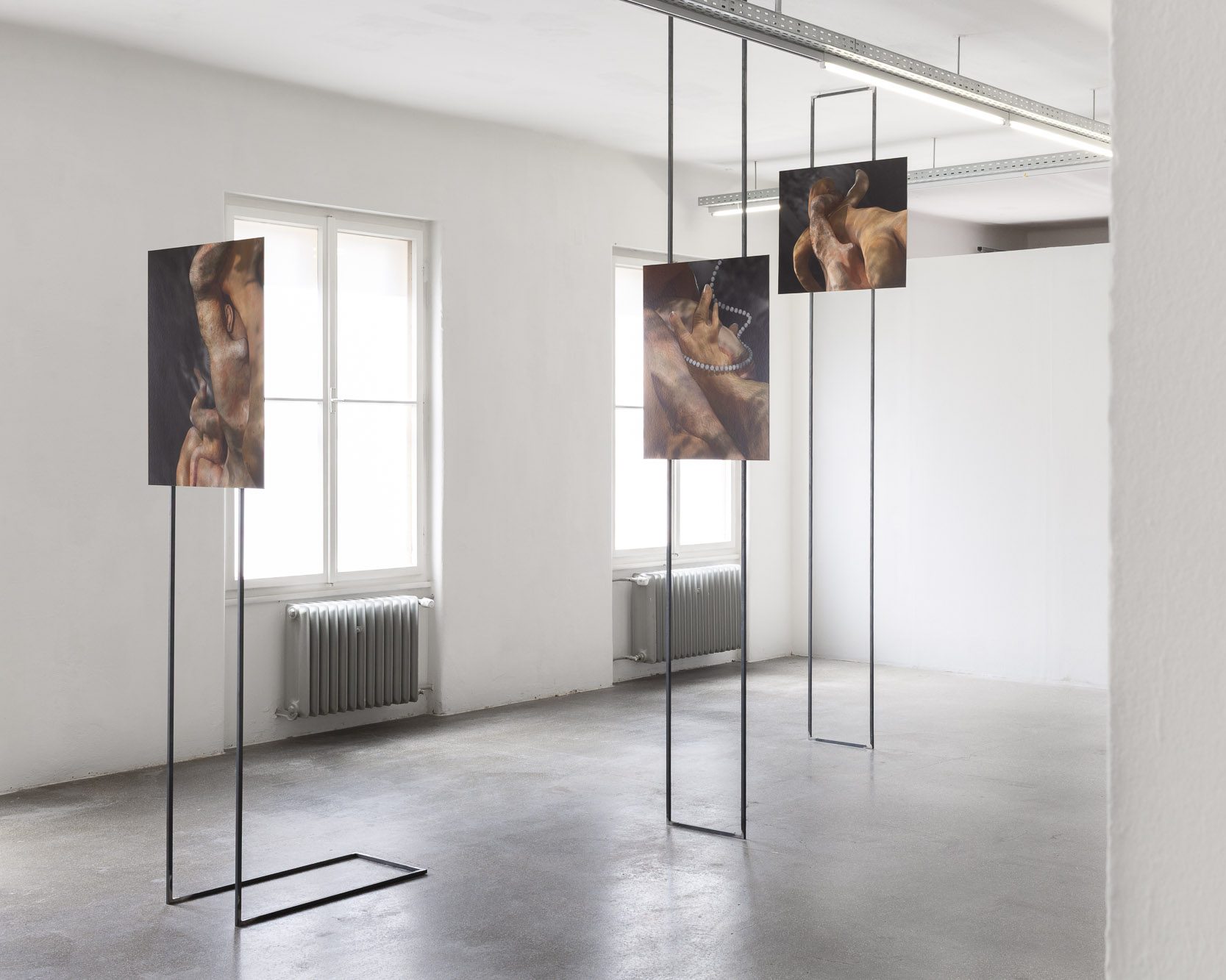 Körperdetails von Mateusz Dworczyk auf freistehenden und hängenden Metallrahmen in der Ausstellung scapes and bodies