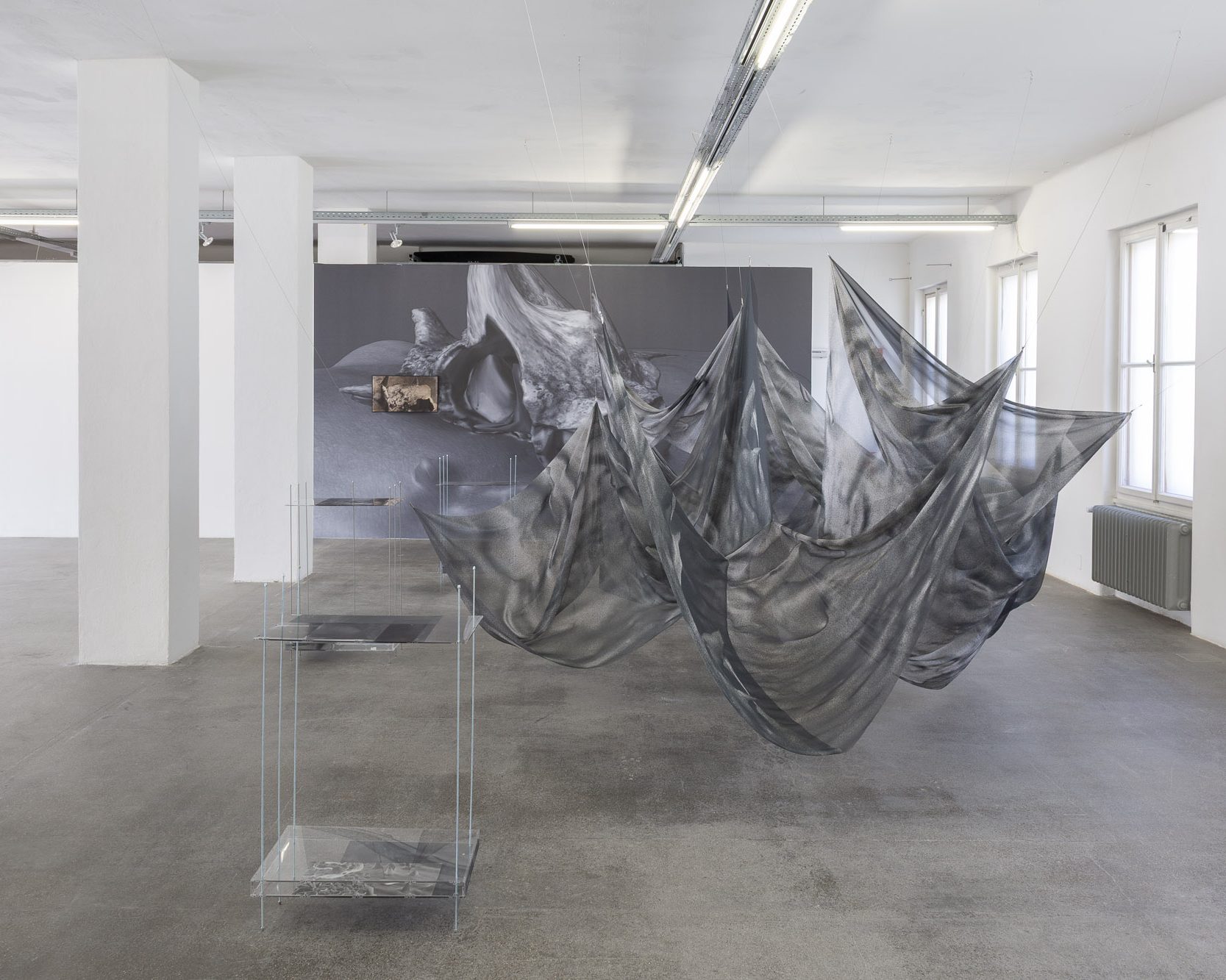 Bedrucktes Hängetextil von Lisa Wieder vor dem Körperwanddruck von Mateusz Dworczyk in scapes and bodies, Galerie 5020