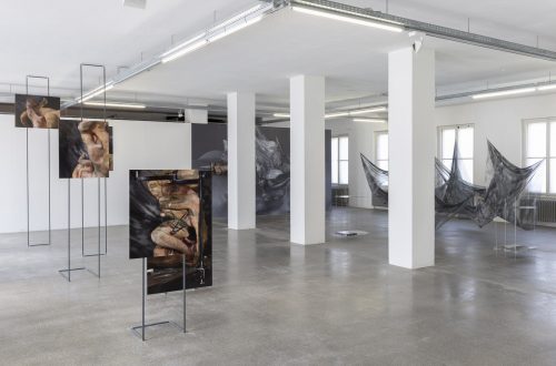 Ausstellungsansicht scapes and bodies in der Galerie 5020 mit Körperfotografien von Mateusz Dworczyk auf Metallständern und Textilobjekten von Lisa Wieder